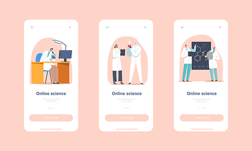 Online Science Mobile App Page Onboard Screen Template. Scientists Characters Conduct Research or Experiment in Scientific Laboratory, Medicine Technology Concept. Cartoon People Vector Illustration