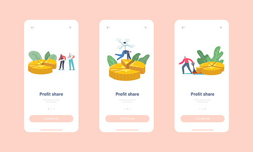 Profit Share Mobile App Page Onboard Screen Template. Tiny Businessmen and Businesswomen Characters Stand at Huge Pie Chart Showing Shares of Partners Concept. Cartoon People Vector Illustration