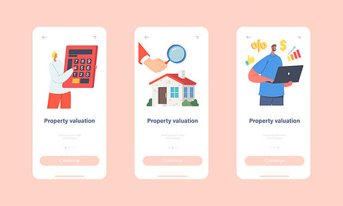 Property Valuation Mobile App Page Onboard Screen Template. Appraisers Characters doing House Inspection. Home Appraisal, Real Estate Value, Assessment Concept. Cartoon People Vector Illustration