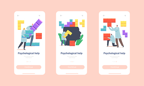 Psychological Help Mobile App Page Onboard Screen Template. Tiny Psychologist Doctor Characters Set Up Colorful Puzzle on Huge Human Head. Mental Health Concept. Cartoon People Vector Illustration