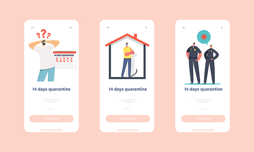 Characters on Quarantine during Covid19 Self Isolation Mobile App Page Onboard Screen Template. People Wearing Masks near Huge Calendar and Police Officers Concept. Cartoon People Vector Illustration
