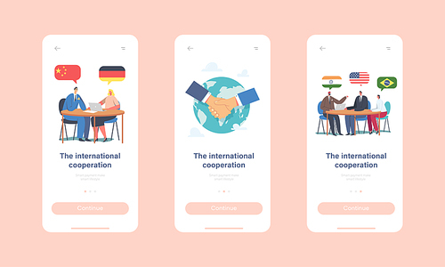 International Cooperation Mobile App Page Onboard Screen Template. Delegates Characters Solving World Issues, Negotiation, Diplomacy, Meeting at Round Table Concept. Cartoon People Vector Illustration