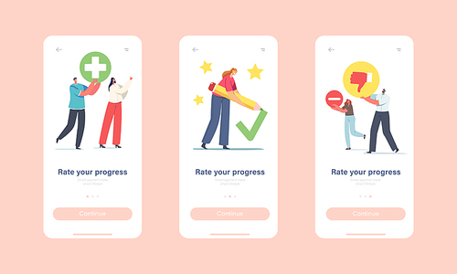 Rate your Progress Mobile App Page Onboard Screen Template. Tiny People with Plus and Minus Symbols, Green Check Mark, Character with Thumb Down, Satisfaction Concept. Cartoon Vector Illustration