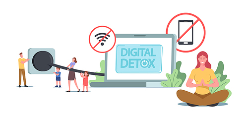 Digital Detox Concept. Tiny Characters Disconnect Huge Laptop Plug and Socket, Exit Social Media Networks, Turn Off Gadgets and Electronic Devices for Offline Relax. Cartoon People Vector Illustration