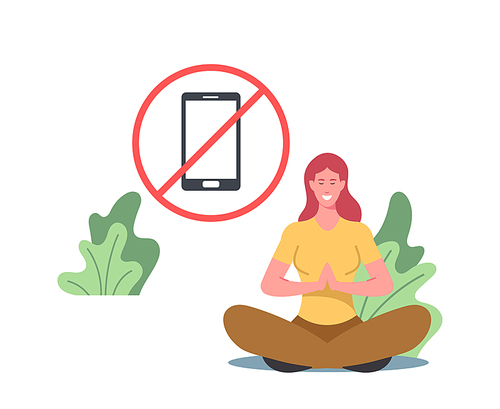 Digital Detox, Information Ecology, Staying Away from Online Communication Concept. Character Meditate, Exit Social Media Networks, Turn Off Gadgets and Electronic Device. Cartoon Vector Illustration
