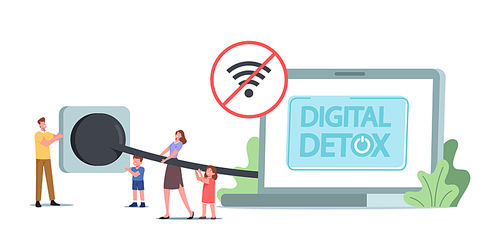 People Turn Off Gadgets and Electronic Devices for Offline Relax. Digital Detox Concept. Tiny Characters Disconnect Huge Laptop Plug and Socket, Exit Social Media Networks. Cartoon Vector Illustration