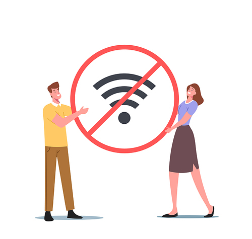 Digital Detox Concept. Tiny Male and Female Characters Holding Huge Crossed Wifi Symbol. People Exit Social Media Networks, Turn Off Gadgets and Electronic Devices. Cartoon Vector Illustration