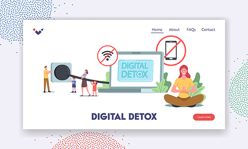 Digital Detox Landing Page Template. Tiny Characters Disconnect Laptop Plug, Exit Social Media Networks, Turn Off Gadgets and Electronic Devices for Offline Relax. Cartoon People Vector Illustration