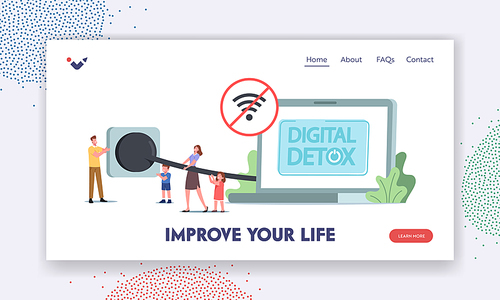 Offline Relax, Digital Detox Landing Page Template. People Turn Off Gadgets and Electronic Devices. Tiny Characters Disconnect Huge Laptop Plug, Exit Social Media Networks. Cartoon Vector Illustration