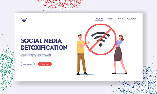 Social Detoxificatio, Digital Detox Landing Page Template. Tiny Male and Female Characters Holding Huge Crossed Wifi Symbol. Turn Off Gadgets and Electronic Devices. Cartoon People Vector Illustration