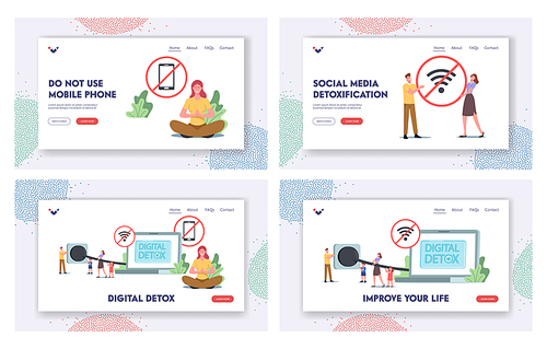 Digital Detox Landing Page Template Set. Tiny Characters Disconnect Laptop Plug Exit Social Networks, Turn Off Gadgets and Electronic Devices for Offline Relax. Cartoon People Vector Illustration