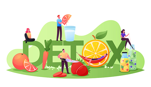 Detox Diet Concept. Tiny Characters Cooking and Drinking Smoothies of Fresh Organic Fruits and Vegetables. Healthy Nutrition, Vitamin Food Poster Banner Flyer. Cartoon People Vector Illustration