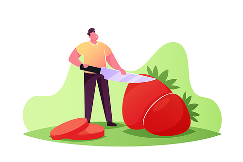 Young Man Slicing Huge Strawberry, Tiny Male Character Holding Knife, Vegetarian and Detox Diet, Healthy Food, Fortified Nutrition, Fruits Source of Vitamin and Health. Cartoon Vector Illustration