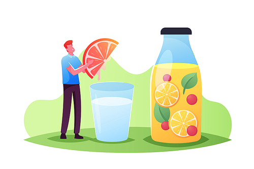 Tiny Male Character Press Grapefruit Slice in Huge Water Glass Cooking Smoothies, Lemon Juice. Man Making and Drinking Cold Drinks and Sweet Beverage for Detox Dieting. Cartoon Vector Illustration