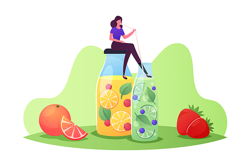 Tiny Female Character Sitting at at Huge Glass Bottle with Lemonade or Juice with Lemon Slices and Mint Leaves. Woman Drinking Cold Drinks and Sweet Beverage for Detox. Cartoon Vector Illustration