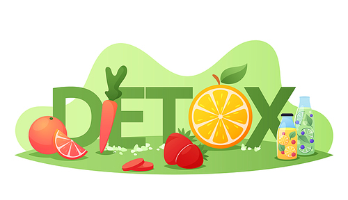 Detox Diet Concept. Healthy Nutrition, Detoxing Program Food Fruits, Berries and Vegetables , Organic Orange, Carrot, Lemon with Strawberry Smoothies Poster Banner Flyer. Cartoon Vector Illustration