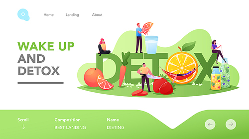 Detox Diet Landing Page Template. Tiny Characters Cooking and Drinking Smoothies of Fresh Organic Fruits and Vegetables. Healthy Nutrition, Vitamin Food Concept. Cartoon People Vector Illustration