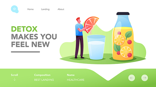 Detox Dieting Landing Page Template. Tiny Male Character Press Grapefruit Slice in Huge Water Glass Cooking Smoothies, Lemon Juice. Man Making and Drinking Cold Drinks. Cartoon Vector Illustration