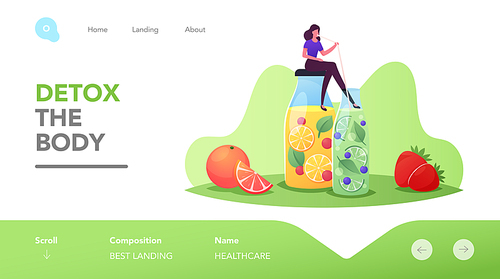 Woman Drinking Cold Drinks for Detox Landing Page Template. Tiny Female Character Sitting at at Huge Glass Bottle with Lemonade or Juice with Lemon Slices and Mint Leaves. Cartoon Vector Illustration