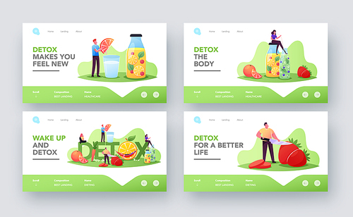 Detox Diet Landing Page Template Set. Tiny Characters Cooking and Drinking Smoothies of Fresh Organic Fruits and Vegetables. Healthy Nutrition, Vitamin Food Concept. Cartoon People Vector Illustration