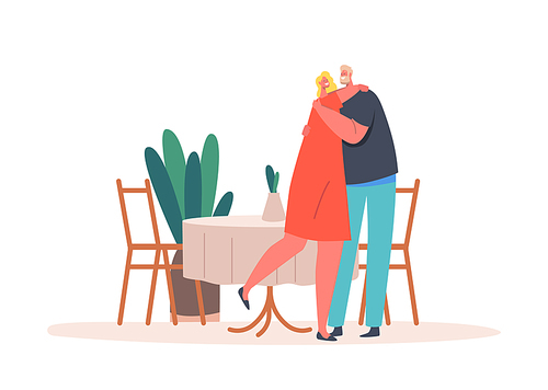 Mature Couple Male and Female Characters Hugging or Dance in Restaurant with Served Table. Romantic Relations. Loving Man and Woman Lovers Dating, Love Feelings. Cartoon People Vector Illustration