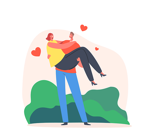 Loving Couple Romantic Relations. Man Holding Woman on Hands with Hearts Flying around. Happy Lovers Valentines Day Dating, Love Feelings, Romance Emotions. Cartoon People Vector Illustration