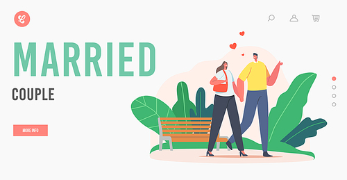 Married Couple Landing Page Template. Loving Male Female Characters Dating in City Park. Young Man and Woman Holding Hands Walking Together on Street, Love Relation. Cartoon People Vector Illustration