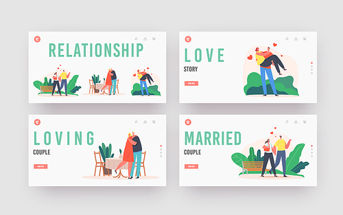 Couples Love Relationship Landing Page Template Set. Togetherness. Man and Woman Walking Holding Hands, Boyfriend Carry Girl on Hands, Pair Dance in Restaurant. Cartoon People Vector Illustration