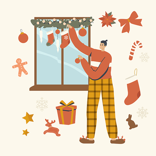 Happy Man Decorating Window with Christmas Decor Hanging Balls, Socks and Fir Tree Branches. Character Preparing for New Year and Xmas Winter Season Holidays Celebration. Linear Vector Illustration
