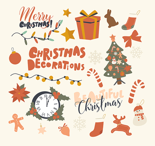 Set of Icons Christmas Decoration Theme. Fir Tree, Gift Box and Snowman with Candy Cane and Clock, Lighting Garland, Sock, Reindeer and Holly Berry with Chocolate Rabbit. Linear Vector Illustration