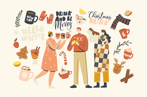 Male and Female Characters Enjoying Drinking Christmas Drinks, Young People in Warm Clothes and Plaid Holding Cups with Hot Beverages, Xmas Holiday Season, Decorated Mugs. Linear Vector Illustration