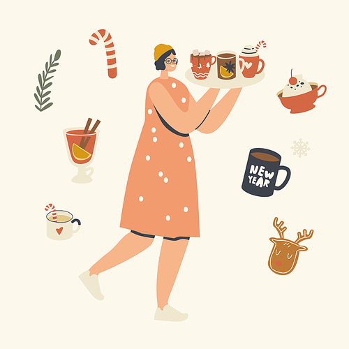 Happy Female Character Carry Tray with Hot Drink for Enjoying Christmas Holidays. Wintertime Season Spare Time, Winter Vacation, Woman with Cocoa, Tea and Coffee Treat Cups. Linear Vector Illustration