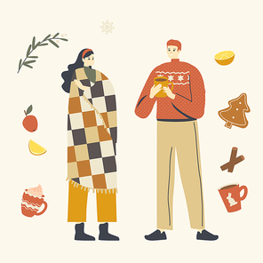 Young Male and Female Characters in Warm Clothes Enjoying Winter Drinks. People Drinking Hot Beverages at Wintertime Season, Christmas Holidays Vacation, Home Spare Time. Linear Vector Illustration