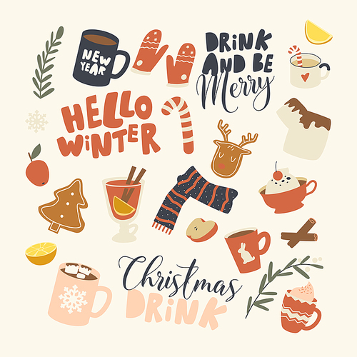 Set of Icons Christmas Drinks Theme. Winter Hot Beverages Cups with Coffee, Tea or Cocoa, Knitted Scarf and Cinnamon Sticks in Mug, Plants, Chocolate Topping, Typography. Linear Vector Illustration