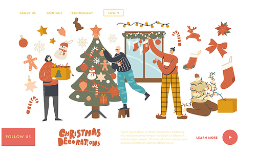 People Prepare to New Year or Xmas at Home Landing Page Template. Characters Decorate Christmas Tree. Family or Friends Hanging Baubles and Garland on Fir Tree and Window. Linear Vector Illustration