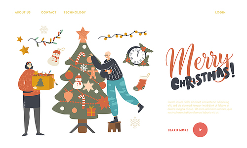 Characters Prepare for New Year or Xmas Winter Season Holidays Celebration Landing Page Template. Happy Man and Woman Decorating Christmas Tree Put Balls on Branches. Linear People Vector Illustration