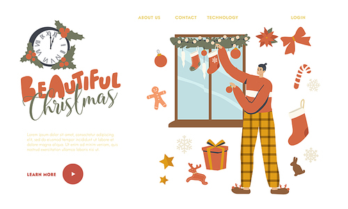 Man Decorating Window with Christmas Decor Landing Page Template. Character Preparing for New Year and Xmas Hanging Balls, Socks and Fir Tree Branches, Holidays Celebration. Linear Vector Illustration