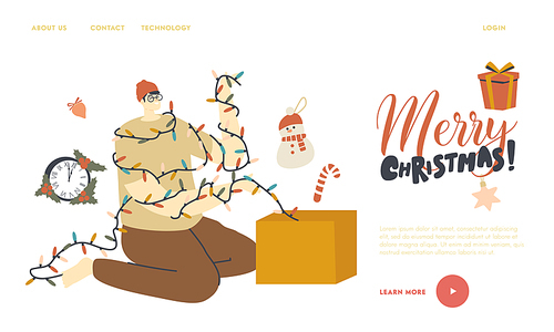 Man Pull Christmas Decor Out of Box Landing Page Template. Male Character Prepare for New Year and Xmas Holidays Celebration. Garland, Balls, Toys for Decorating Fir Tree. Linear Vector Illustration