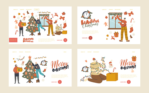 People Prepare to New Year or Xmas at Home Landing Page Template Set. Characters Decorate Christmas Tree. Family or Friends Hang Baubles and Garland on Fir Tree and Window. Linear Vector Illustration
