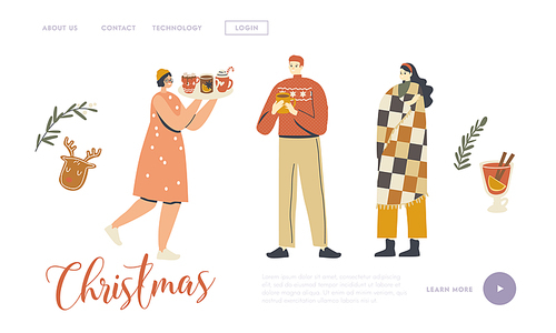 Characters Enjoying Drinking Christmas Drinks Landing Page Template. People in Warm Clothes and Plaid Holding Cups with Hot Beverages, Xmas Holiday Season, Decorated Mugs. Linear Vector Illustration