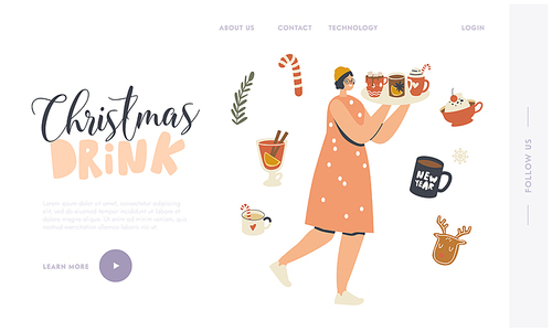 Woman with Cups Landing Page Template. Happy Female Character Carry Tray with Hot Drink for Enjoying Christmas Holidays. Wintertime Season Spare Time, Winter Vacation. Linear Vector Illustration
