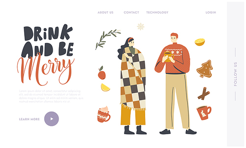Young Characters in Warm Clothes Enjoying Winter Drinks.Landing Page Template. People Drinking Hot Beverages at Wintertime Season, Christmas Holidays Home Spare Time. Linear Vector Illustration