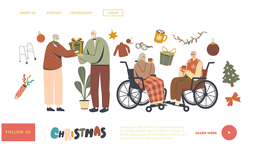 Senior Characters Celebrate Christmas Landing Page Template. Aged Men and Women Greeting and Congratulating Each Other. Holiday Celebration, Winter Season, Xmas Time. Linear People Vector Illustration