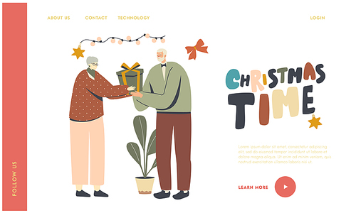 Seniors Celebrate Christmas Changing with Gifts Landing Page Template. Old Characters Greeting Each Other. Aged Man and Woman Xmas or New Year Holiday Celebration. Linear People Vector Illustration