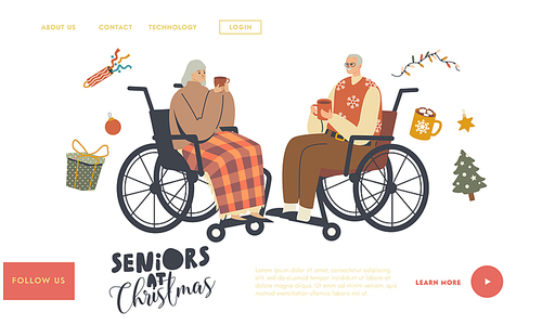 aged man and woman holiday celebration landing page template. seniors sitting on . drinking hot beverages, old characters celebrate christmas, greeting. linear people vector illustration