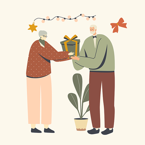 Seniors Celebrate Christmas Changing with Gifts. Male, Female Characters Greeting Congratulating Each Other. Aged Man and Woman Xmas or New Year Holiday Celebration. Linear People Vector Illustration