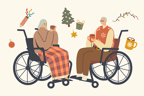 seniors sitting on . drinking hot beverages, male and female characters celebrate christmas greeting each other. aged man and woman holiday celebration. linear people vector illustration