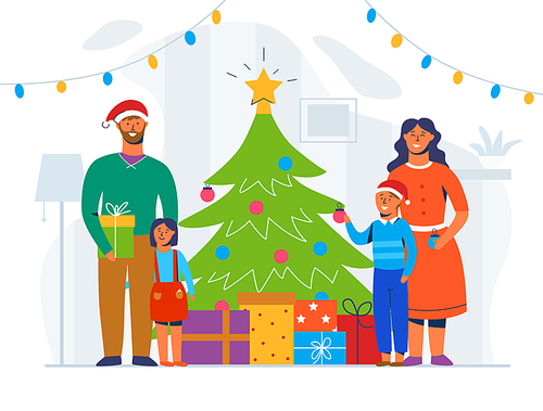Happy Family Decorating Christmas Tree. Winter Holidays Characters at Home with Gifts. Parents and Children Together Celebrating New Year. Vector illustration