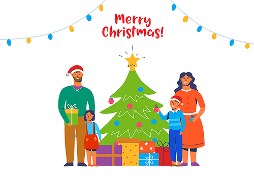 Happy Family Decorating Christmas Tree. Winter Holidays Characters at Home with Gifts. Parents and Children Together Celebrating New Year. Vector illustration