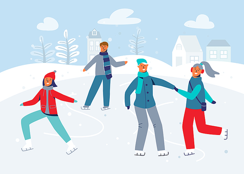Happy Characters Skating on Ice Rink. Winter Season People Ice Skaters. Cheerful Man and Woman in Winter Clothes on Snowy Landscape. Vector illustration